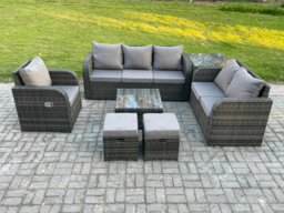 Rackhams Rattan Garden Furniture 7 Piece Patio Set With Table Sofa Square Coffee Table Reclining Chair Love seat sofa Side Table 2 Small Footstools - thumbnail 2