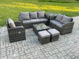 Rackhams Rattan Garden Furniture 7 Piece Patio Set With Table Sofa Square Coffee Table Reclining Chair Love seat sofa Side Table 2 Small Footstools - thumbnail 1