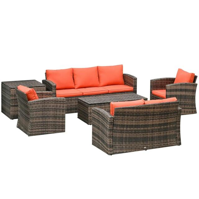 Rackhams 6 Pieces Rattan Garden Furniture Set, 7 Seater Wicker Outdoor Furniture Set with Storage Tea Table & Side Table, Sectional Garden Sofa Set, Orange