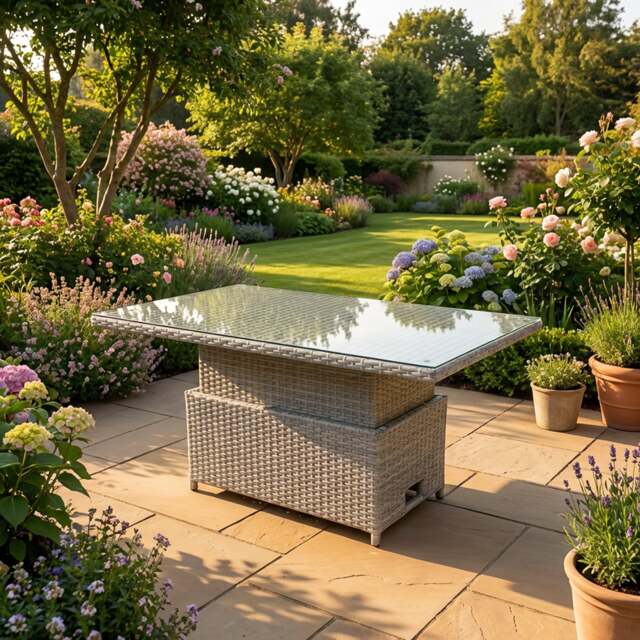 Rackhams Rattan Adjustable Rising Dining or Coffee Table in Light Grey Mixed with Clear Tempered Glass - image 1