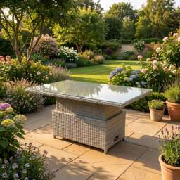 Rackhams Rattan Adjustable Rising Dining or Coffee Table in Light Grey Mixed with Clear Tempered Glass