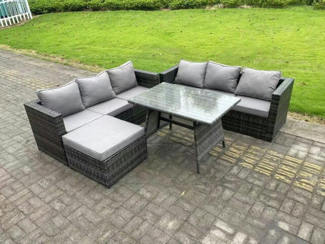 Rackhams 7 Seater Wicker PE Rattan Garden Dining Set Outdoor Furniture Sofa with Dining Table Big Footstool Dark Grey Mixed - image 1