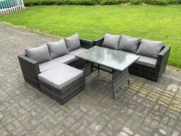 Rackhams 7 Seater Wicker PE Rattan Garden Dining Set Outdoor Furniture Sofa with Dining Table Big Footstool Dark Grey Mixed - thumbnail 2