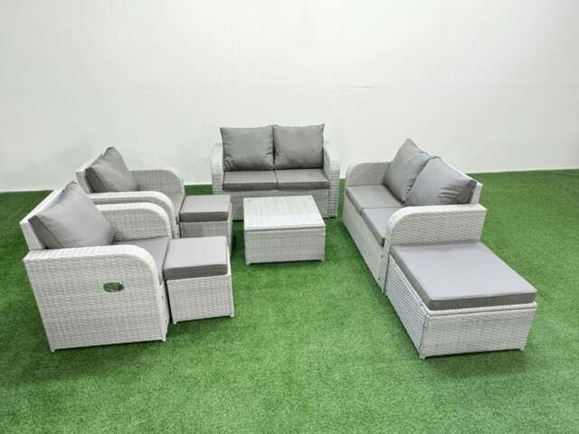 Rackhams 9 Seater Outdoor Reclining Chair Love Sofa Set Rattan Garden Furniture Set with Square Coffee Table 3 Stools Light Grey - image 1