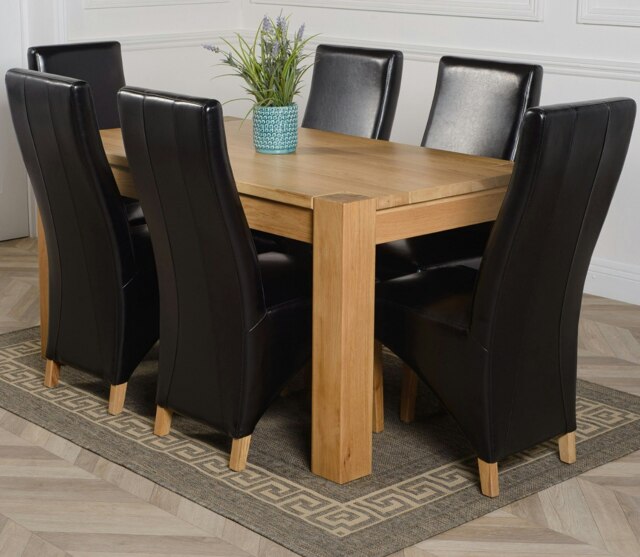 Rackhams Kuba Medium Oak Dining Table with Lola Leather Chairs - 6 chairs - Black - image 1