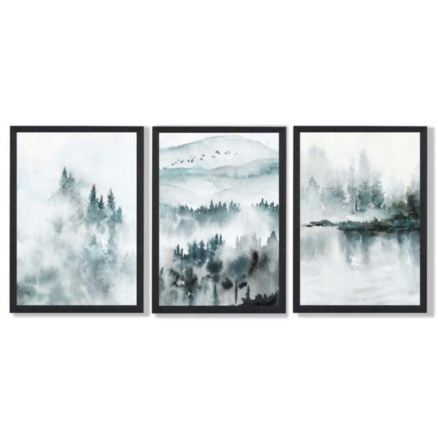 Rackhams Teal Blue Abstract Forest Lake Set of 3 Framed Wall Art - 42x59cm (A2) - Black - image 1
