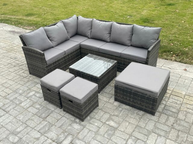 Rackhams 9 Seater Outdoor Garden Furniture Set Wicker PE Rattan Corner Sofa Set with Square Coffee Table 3 Footstools Dark Grey Mixed - image 1