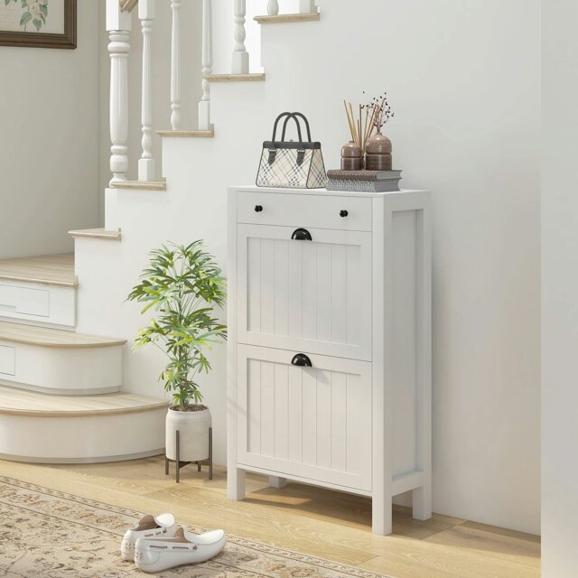 Rackhams Narrow Shoe Cabinet with 2 Flip Drawers and Top Drawer, White - Painted - White - MDF - image 1