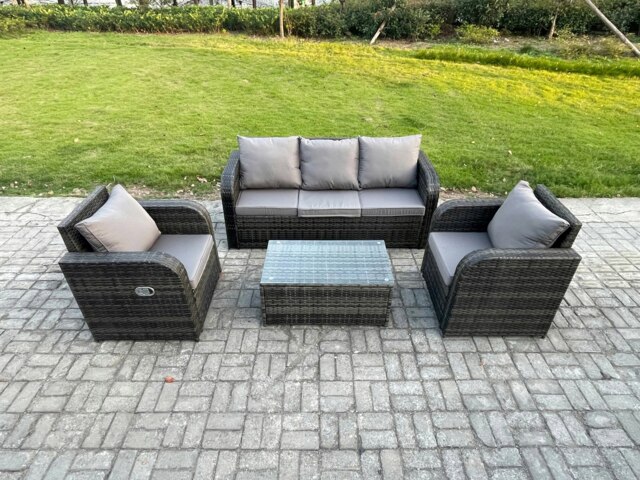 Rackhams Outdoor Rattan Garden Furniture Set 5 Seater Patio Lounge Sofa Set with Rectangular Coffee Table Dark Grey Mixed - image 1