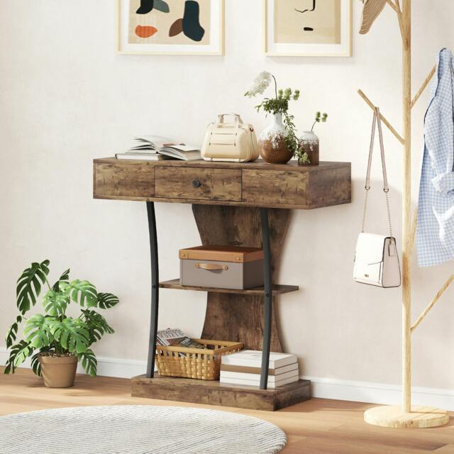 Rackhams Console Table Hallway Table with Storage Shelves, Rustic Brown - Console Table - Rustic brown finish - 1 - image 1