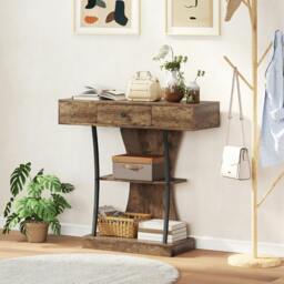 Rackhams Console Table Hallway Table with Storage Shelves, Rustic Brown - Console Table - Rustic brown finish - 1