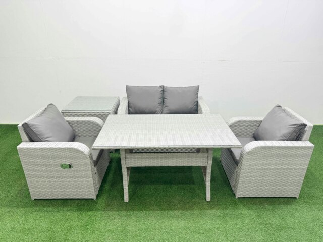 Rackhams Light Grey PE Wicker Rattan Garden Furniture Set Sofa Set Reclining Chair Rectangular Dining Table 4 Seater With Side Table - image 1