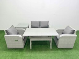 Rackhams Light Grey PE Wicker Rattan Garden Furniture Set Sofa Set Reclining Chair Rectangular Dining Table 4 Seater With Side Table - thumbnail 1