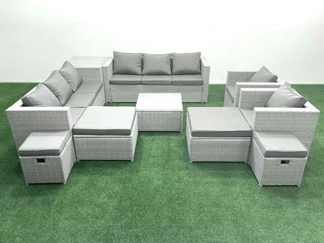 Rackhams Garden Outdoor Furniture Set 12 Seater Rattan Sofa Set with 4 Footstools Side Table Light Grey Mixed - image 1