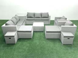 Rackhams Garden Outdoor Furniture Set 12 Seater Rattan Sofa Set with 4 Footstools Side Table Light Grey Mixed - thumbnail 1
