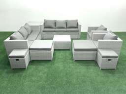 Rackhams Garden Outdoor Furniture Set 12 Seater Rattan Sofa Set with 4 Footstools Side Table Light Grey Mixed - thumbnail 2