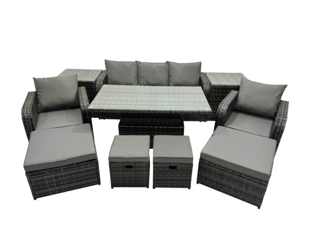 Rackhams Rattan Garden Furniture Dining Set 8 seater Patio Height Adjustable Rising Table Sofa Set with 2 Side Table 2 Big Footstool Dark Grey Mixed - image 1