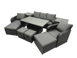 Rackhams Rattan Garden Furniture Dining Set 8 seater Patio Height Adjustable Rising Table Sofa Set with 2 Side Table 2 Big Footstool Dark Grey Mixed - thumbnail 2