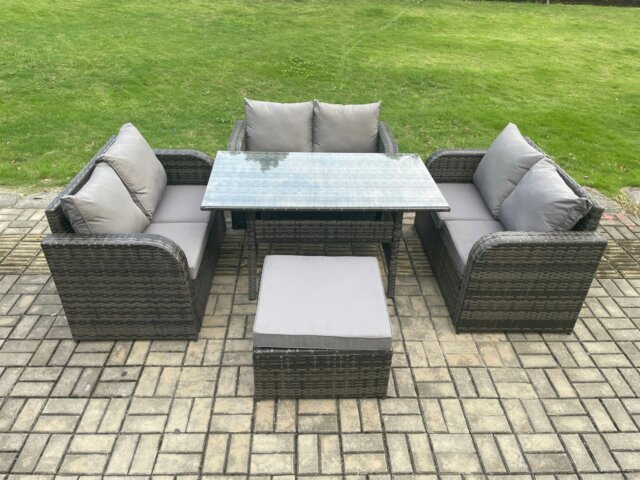 Rackhams Wicker PE Rattan Sofa Outdoor Garden Furniture Set with Rectangular Dining Table Big Footstool Dark Grey Mixed - image 1