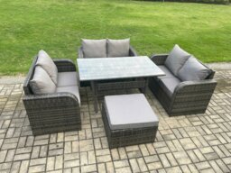 Rackhams Wicker PE Rattan Sofa Outdoor Garden Furniture Set with Rectangular Dining Table Big Footstool Dark Grey Mixed - thumbnail 2