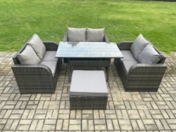Rackhams Wicker PE Rattan Sofa Outdoor Garden Furniture Set with Rectangular Dining Table Big Footstool Dark Grey Mixed - thumbnail 1