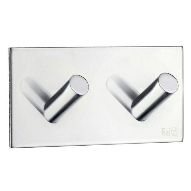 Rackhams Chrome Stainless Steel Double Towel Hook (90 x 45mm) Self Adhesive Bathroom Wall Mounted