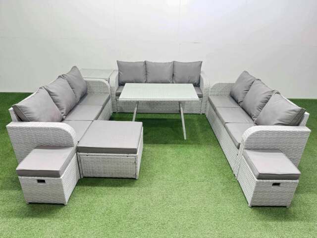 Rackhams 12 Seat Outdoor PE Rattan Garden Furniture with Cushions 3 Seater Sofa Side Table 3 Stool Light Grey - image 1
