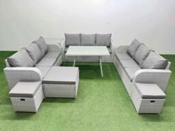 Rackhams 12 Seat Outdoor PE Rattan Garden Furniture with Cushions 3 Seater Sofa Side Table 3 Stool Light Grey - thumbnail 1