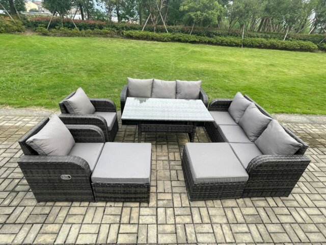 Rackhams Patio Rattan Garden Furniture Set with Oblong Rectangular Dining Table 10 Seater Outdoor Lounge Sofa Set Dark Grey Mixed - image 1