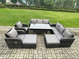 Rackhams Patio Rattan Garden Furniture Set with Oblong Rectangular Dining Table 10 Seater Outdoor Lounge Sofa Set Dark Grey Mixed - thumbnail 1