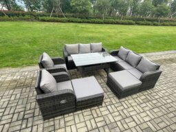 Rackhams Patio Rattan Garden Furniture Set with Oblong Rectangular Dining Table 10 Seater Outdoor Lounge Sofa Set Dark Grey Mixed - thumbnail 2