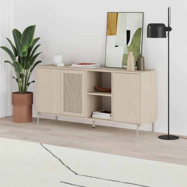 Rackhams Elegant 164cm Sideboard Cabinet with 3 Soft-Close Doors, 2 Open Shelves, Laser-Cut Pattern Door, Metal Legs, Sonoma Oak - Sonoma Oak - image 1