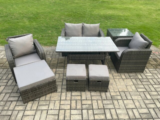 Rackhams Rattan Outdoor Garden Furniture Set Rectangular Dining Table and Chair Sofa Set With Side Table 3 Footstools Dark Grey Mixed - image 1