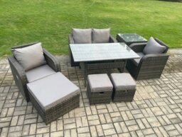 Rackhams Rattan Outdoor Garden Furniture Set Rectangular Dining Table and Chair Sofa Set With Side Table 3 Footstools Dark Grey Mixed - thumbnail 2