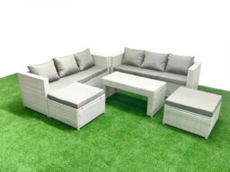Rackhams 8 Seater Garden Outdoor Rattan Furniture Set Rattan Garden Sofa Oblong Coffee Table with 2 Big Footstools Light Grey Mixed - thumbnail 2