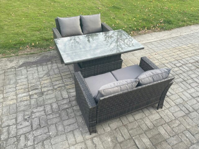 Rackhams 3-Piece Poly Rattan Garden Furniture Set - Dark Grey Mixed Outdoor Patio Rising Lifting Table Sofa Dining Set - image 1