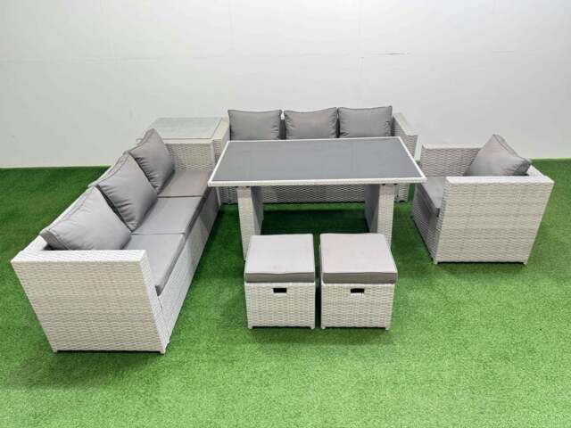 Rackhams Patio Garden Furniture Sets with Black Glass Top Dining Table 3 Seater Sofa Armchair Side Table 2 Small Stool Light Grey - image 1
