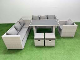 Rackhams Patio Garden Furniture Sets with Black Glass Top Dining Table 3 Seater Sofa Armchair Side Table 2 Small Stool Light Grey - thumbnail 1
