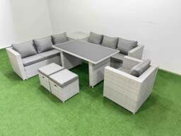 Rackhams Patio Garden Furniture Sets with Black Glass Top Dining Table 3 Seater Sofa Armchair Side Table 2 Small Stool Light Grey - thumbnail 2