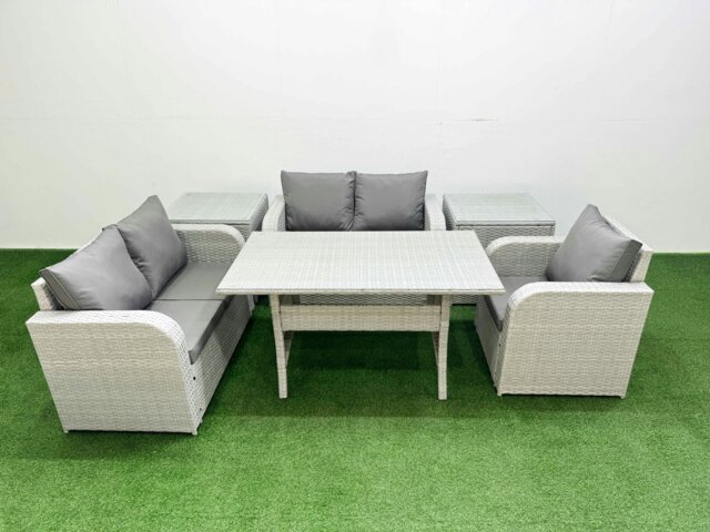Rackhams High Back Poly Rattan Garden Furniture Set - Light Grey Indoor/Outdoor Patio Set with Reclining Chair & Dining Table - image 1