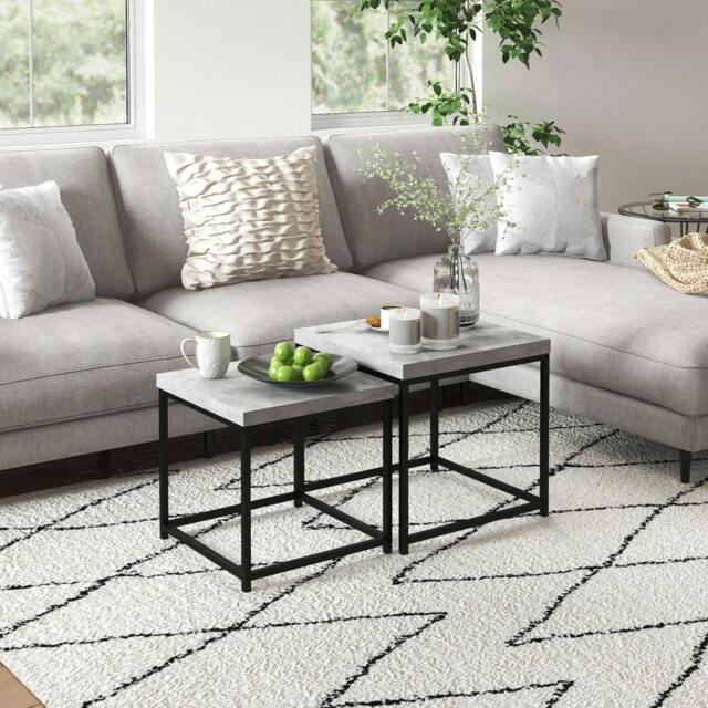 Rackhams Coffee Table Set of 2, Nest of Tables with 3.5cm Thick Tabletop, Grey - Painted steel frame, melamine tabletop - Melamine - 1.6x1.6cm - image 1