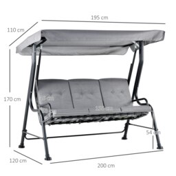 Rackhams Outdoor 3-person Garden Metal Padded Porch Swing Chair Bench, Grey - Dark Grey - 1 - 3-person Swing Chair - thumbnail 5