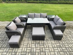 Rackhams 10 Seater Garden Rattan Furniture Dining Table Sofa Set Indoor Outdoor with 2 Reclining Chairs 2 Side Tables 3 Footstools Dark Grey Mixed - thumbnail 1