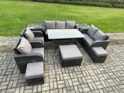 Rackhams 10 Seater Garden Rattan Furniture Dining Table Sofa Set Indoor Outdoor with 2 Reclining Chairs 2 Side Tables 3 Footstools Dark Grey Mixed - thumbnail 2