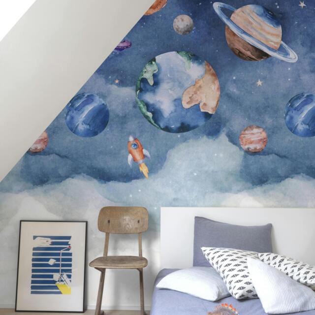 Rackhams Roswell Watercolour Planet Spaceship Nursery 3 panel repeatable Mural 1.59 x 2.8m, Blue - image 1