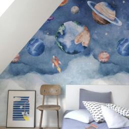 Rackhams Roswell Watercolour Planet Spaceship Nursery 3 panel repeatable Mural 1.59 x 2.8m, Blue - thumbnail 1