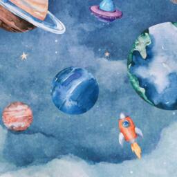 Rackhams Roswell Watercolour Planet Spaceship Nursery 3 panel repeatable Mural 1.59 x 2.8m, Blue - thumbnail 3