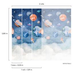 Rackhams Roswell Watercolour Planet Spaceship Nursery 3 panel repeatable Mural 1.59 x 2.8m, Blue - thumbnail 2