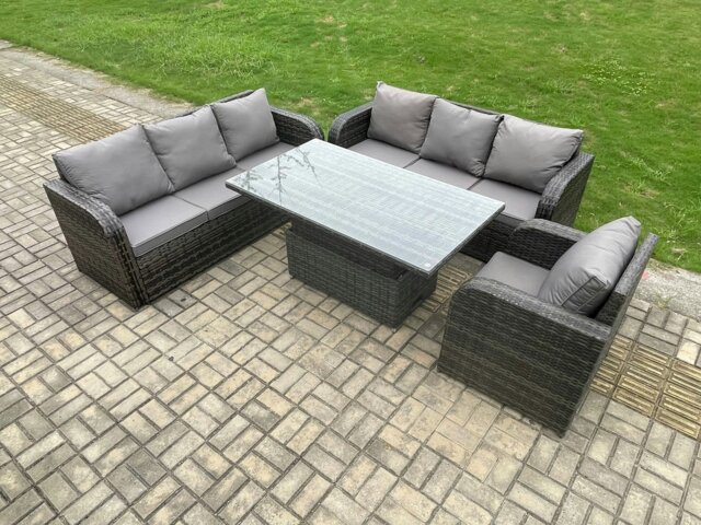 Rackhams 7 Seater Outdoor Rattan Garden Furniture Sets Height Adjustable Rising lifting Dining Table Sofa Set with Reclining Chair Dark Grey Mixed - image 1