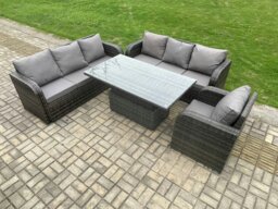 Rackhams 7 Seater Outdoor Rattan Garden Furniture Sets Height Adjustable Rising lifting Dining Table Sofa Set with Reclining Chair Dark Grey Mixed - thumbnail 2